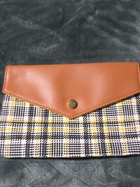 ipsy Plaid Clutch with Tan Leather Trim and Yellow Accents